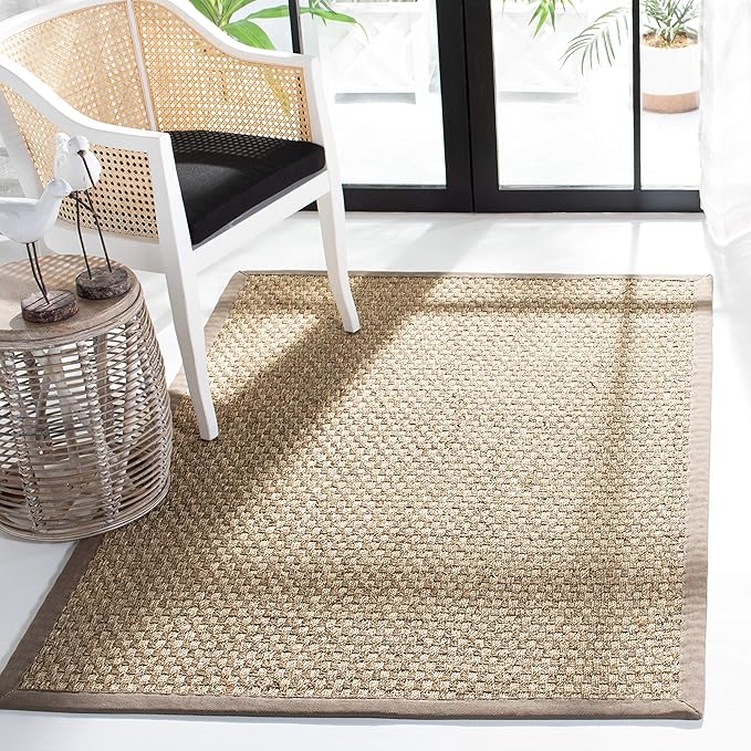 SAFAVIEH Area Rug 4' Square - Natural Fiber Collection - Natural & Grey, Seagrass, Basketweave Pattern with Border (NF114P)