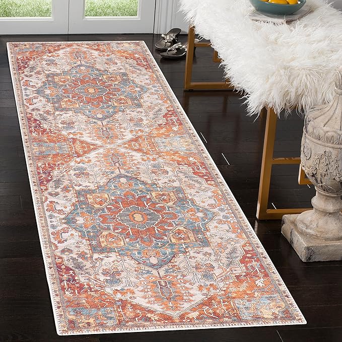 GLN Rugs Traditional Collection - Machine Washable Area Rug, Traditional Washable, Non Slip, Low Pile Chenille Rug, Living Room, Bedroom, Kitchen Rug (2'6"x7' Cream/Terra)