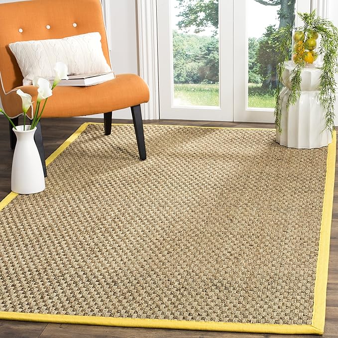 SAFAVIEH Area Rug 4x6 - Natural Fiber Collection - Natural & Gold, Seagrass, Basketweave Pattern with Border (NF114X)