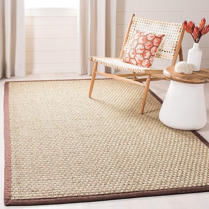 SAFAVIEH Area Rug 5x8 - Natural Fiber Collection - Natural & Dark Brown, Seagrass, Basketweave Pattern with Border (NF114K)